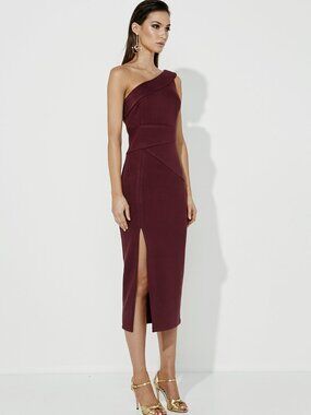 MOSSMAN Off The Wayside One Shoulder Midi Dress Merlot Size US 6